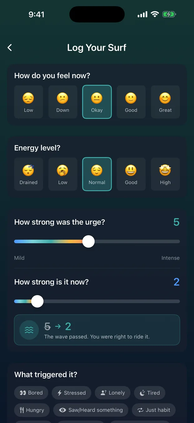 The logging screen after a surf, capturing how strong the urge was at its worst and by the end.
