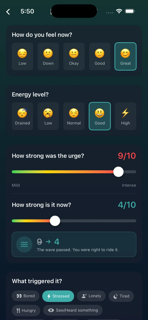 The logging screen after a surf, capturing how strong the urge was at its worst and by the end.