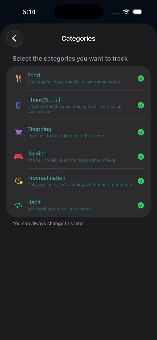 Choosing what you're riding out, from categories like gaming, shopping, phone use and procrastination.